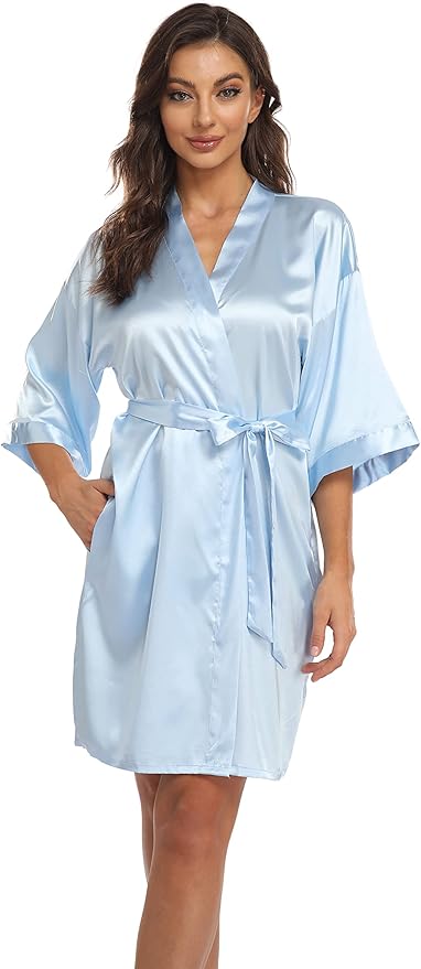 Women's Pure Short Kimono Robes Bride Bridesmaids Silky Bathrobe Lightweight Satin Sleepwear