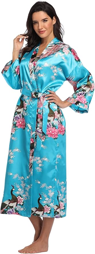 Valennia Women Long Silky Bathrobe Satin Kimono Robe Floral Printed Dressing Gown Sleepwear
