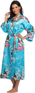 Valennia Women Long Silky Bathrobe Satin Kimono Robe Floral Printed Dressing Gown Sleepwear
