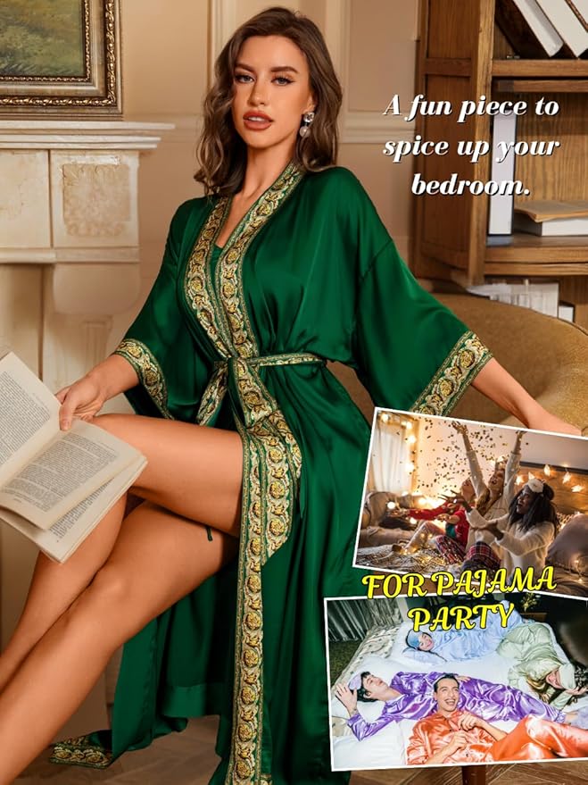 ChiaoLezhee Satin Robe Sets For Women, 2-PC Lightweight Bathrobe, Silk Sleepwear Kimono Bridesmaid Sexy Robes
