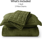 BEDELITE Velvet Quilt Set Queen Size - Luxury Velvet Comforter Bedding Set 3 Pieces, Lightweight Soft Cozy Olive Green Oversized Bedspread Coverlet for All Seasons with 2 Pillow Shams