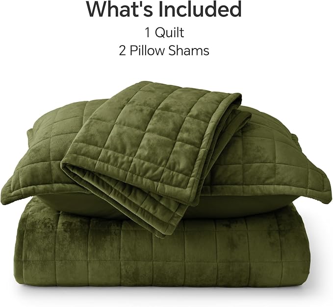 BEDELITE Velvet Quilt Set Queen Size - Luxury Velvet Comforter Bedding Set 3 Pieces, Lightweight Soft Cozy Olive Green Oversized Bedspread Coverlet for All Seasons with 2 Pillow Shams
