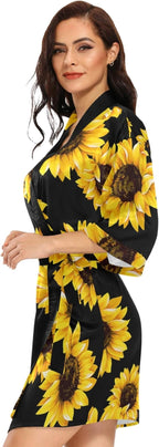 KLL Women's Kimono Robes Sunflower Short Satin Bathrobe Soft Skin-friendly Sleepwear V-Neck Loungewear