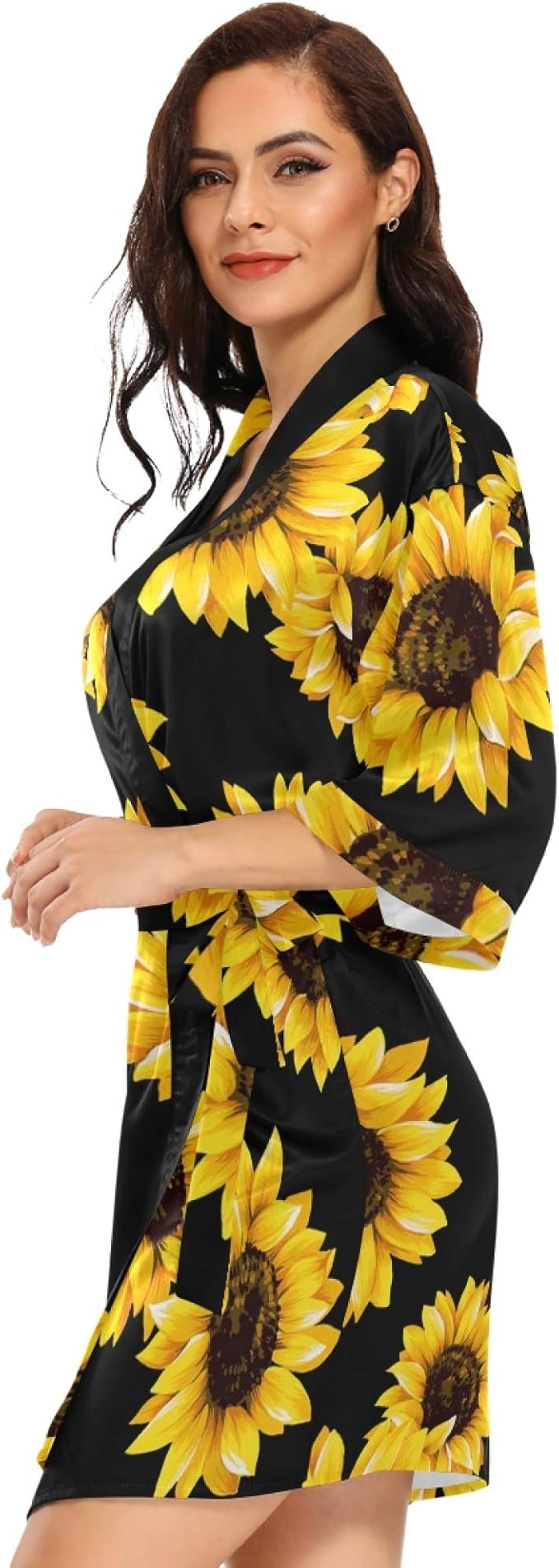 KLL Women's Kimono Robes Sunflower Short Satin Bathrobe Soft Skin-friendly Sleepwear V-Neck Loungewear