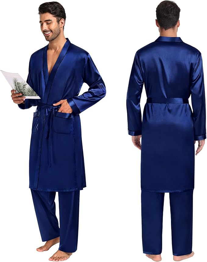 SWOMOG Mens 3 PCS Satin Robe with Pants & Shorts Set Kimono Bathrobe Long Sleeve Sleepwear Pjs Sets with Pockets