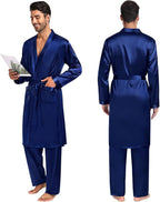 SWOMOG Mens 3 PCS Satin Robe with Pants & Shorts Set Kimono Bathrobe Long Sleeve Sleepwear Pjs Sets with Pockets