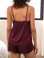 Ekouaer Satin Pajama Set for Women 2 Piece Silky Lingerie Sleepwear Lace Camisole Pj Shorts Set Soft Nightwear S-XXL
