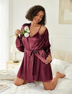 Ekouaer Women's Silk Robe Set V-neck 2 Piece Bridal Party Robes and Satin Bathrobe Set with Pockets