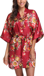 Women's Floral Satin Robes Bride Bridesmaid Getting Ready Robe Short Silky Kimono Sleepwear for Wedding Party