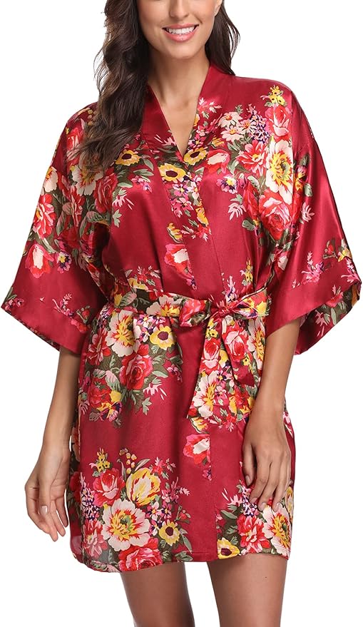 Women's Floral Satin Robes Bride Bridesmaid Getting Ready Robe Short Silky Kimono Sleepwear for Wedding Party