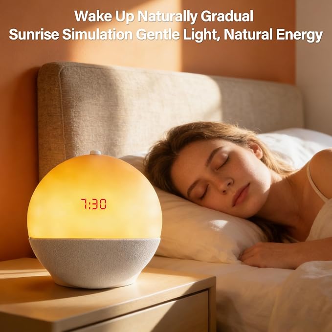 Sunrise Alarm Clock with Bluetooth Speaker, Dual Alarm Clock Radio with White Noise Sleep Machine, RGB Bedside Night Light, FM Radio, 10W Stereo Sound, Rechargeable Smart Clock for Bedroom