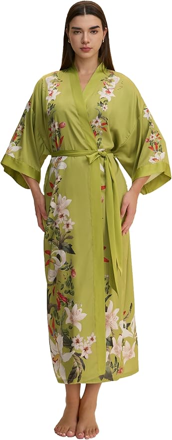 Kihnop Women's Floral Long Kimono Robe Long Satin Robe Long Silk Robe Ladies Kimonos Silky Bathrobe Cover Up, One Size