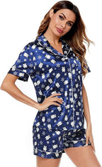 SWOMOG Womens Silk Satin Pajamas Set Short Sleeve Sleepwear Button Down Top and Shorts Loungewear 2 Piece Pjs Set XS-3XL