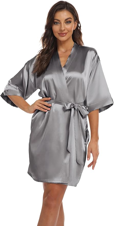 Women's Pure Short Kimono Robes Bride Bridesmaids Silky Bathrobe Lightweight Satin Sleepwear