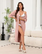 Ekouaer Robes for Women Long Knit Bathrobe Lightweight 3/4 Sleeves Kimono Robe Soft Sleepwear with Pockets S-XXL