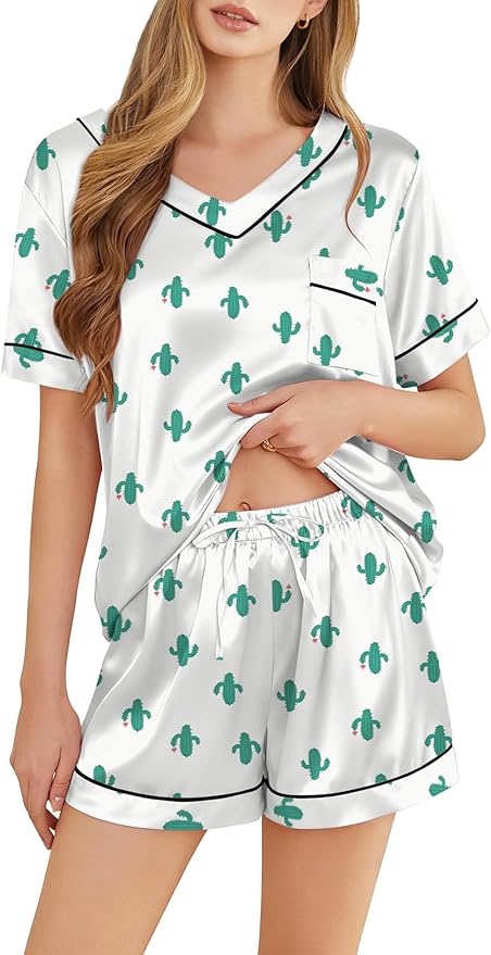 Silk Pajamas for Women Short Sleeve Satin 2 Piece Pj Set Soft V Neck Sleepwear Loungewear, S-XXL