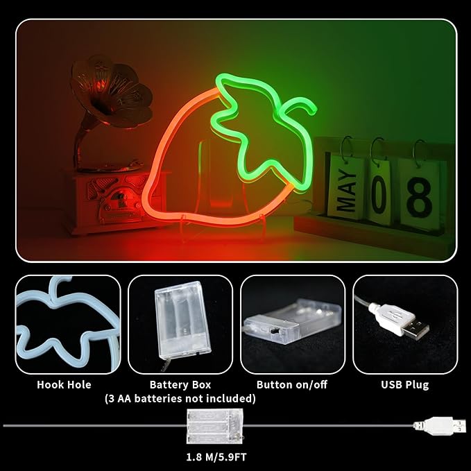 ENUOLI Strawberry Neon Sign Red Green Color Led Sign Fruit Shape Neon Light for Bedroom Wall Decor, Strawberry LED Neon Light, Bar, Fruit Shop,Kids Room Gift
