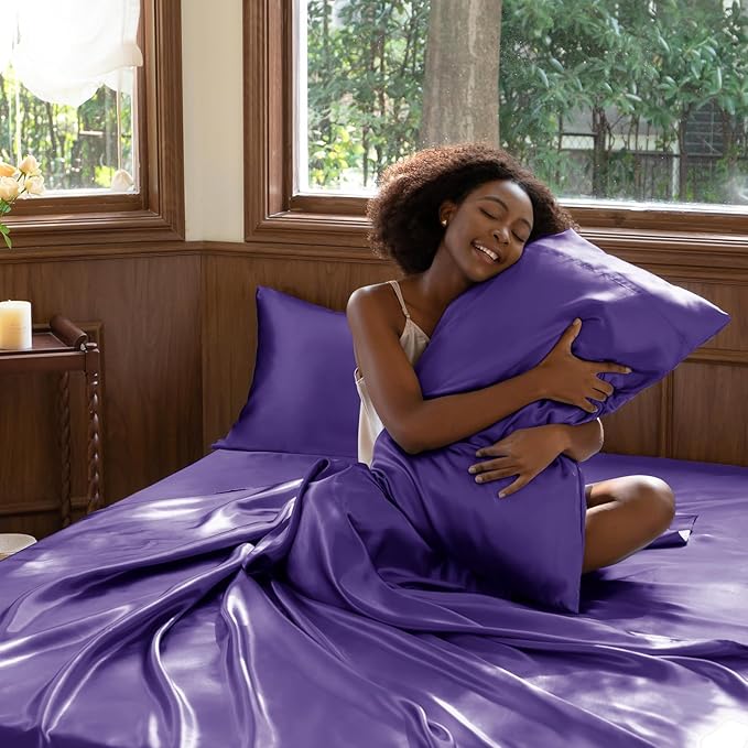 CozyLux Satin Sheets Full Size Sheets - 4 Piece Silky Full Size Bed Sheets, Luxury Purple Full Bed Set with Smooth and Soft Microfiber, Includes 1 Fitted Sheet, 1 Flat Sheet and 2 Pillowcases