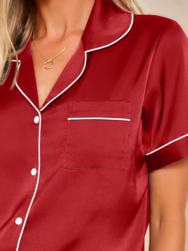 LILLUSORY Silk Satin Pajama Set for Women 2 Piece Lounge Pjs Winter Matching Summer Sleepwear Button Down Shirt Shorts