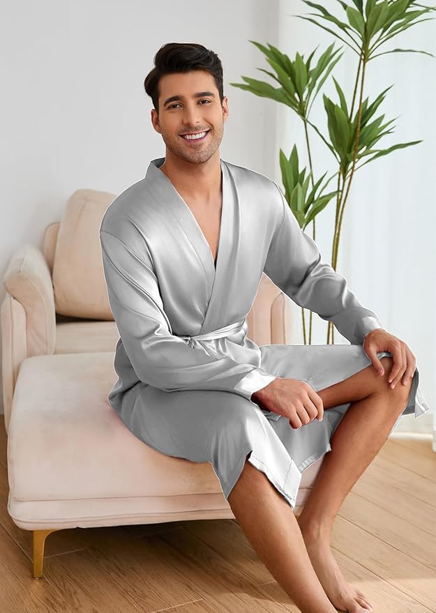 ZUEVI Men's Kimono Robe Set Silk Satin Long Sleeve Bathrobe with Shorts 2 PCS Sleepwear Pjs Sets