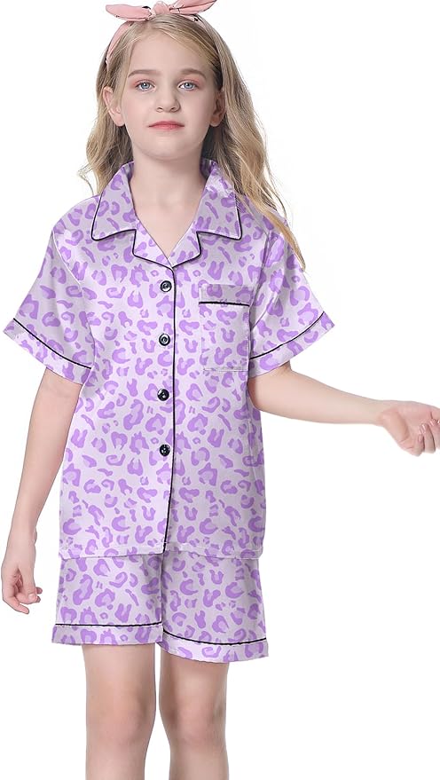 Umeyda Women & Girls Pajamas Set, Soft Satin Lightweight Silk Button-Down Top with Shorts 2 Piece PJS for Mom Boys Kids Gifts
