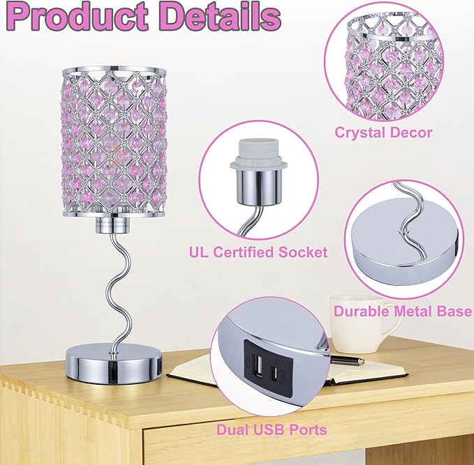 EOEYYOYB Crystal Table Lamp with 3 Way Dimmable Touch Control, Nightstand with USB A+C Ports, Modern Bedside Touch Lamp for Bedroom, Living Room, Office Reading, Pink