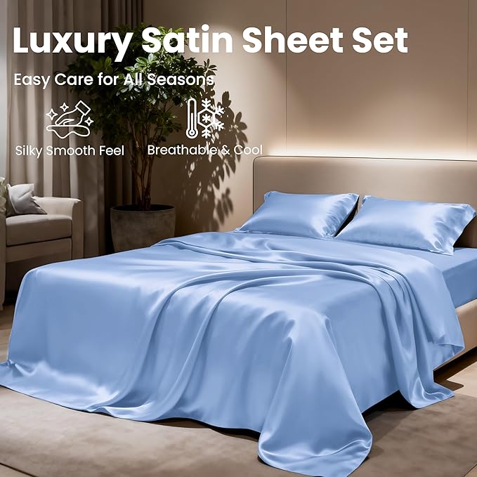 Love's cabin Satin King Sheet Sets - 4 Piece Sky Blue Silky Sheets King Size Bed with Deep Pocket, Luxury Silk Feel King Size Satin Sheet Set (1 Flat Sheet,1 Fitted Sheet,2 Pillow Cases)