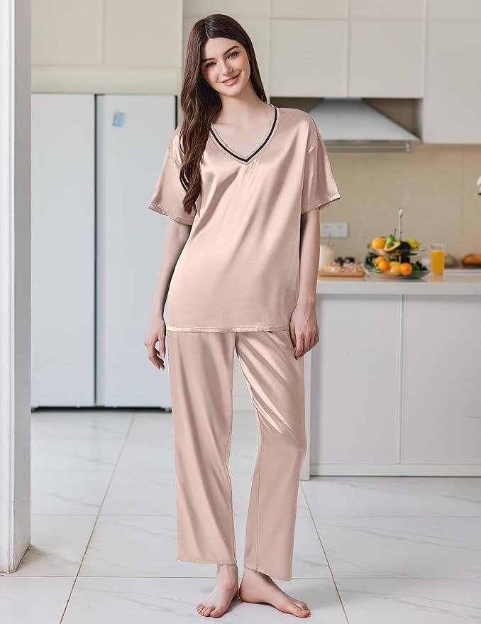 Ekouaer Satin Pajama Set for Women Short Sleeve Silky Pjs 2 Piece Lounge Sets Soft Comfy Sleepwear Loungewear S-XXL