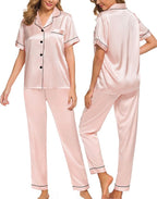 SWOMOG Women Satin Pajamas Set Short Sleeve Top & Pants Sleepwear Silky Button Down Nightwear 2pcs Loungewear Pjs Set