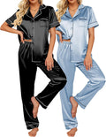 Ekouaer Satin Pajamas Set Women Short Sleeve Sleepwear Soft Button Down Loungewear Pjs Set