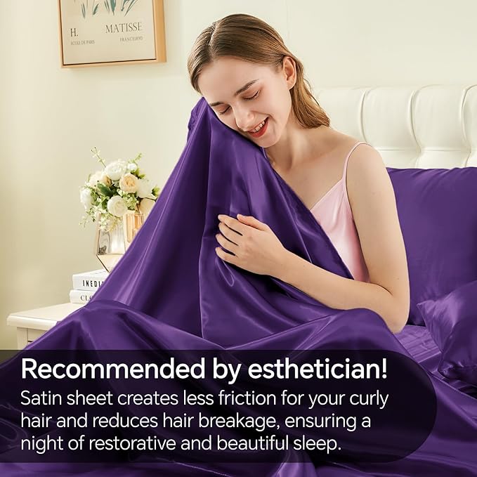 BEDELITE King Size Sheets Set, Luxury Soft Plum Purple Satin Sheets for Hair and Skin, Similar to Silk Bed Sheets Set 4 Pieces with 1 Deep Pocket Fitted Sheet, 1 Flat Sheet, and 2 Pillowcases