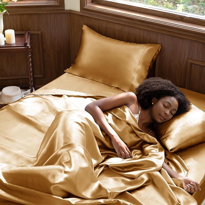 CozyLux Satin Sheets King Size Sheet Set - 4 Piece Silky King Sheets, Luxury Gold King Bed Set with Smooth and Soft Microfiber, Includes 1 Fitted Sheet, 1 Flat Sheet and 2 Pillowcases