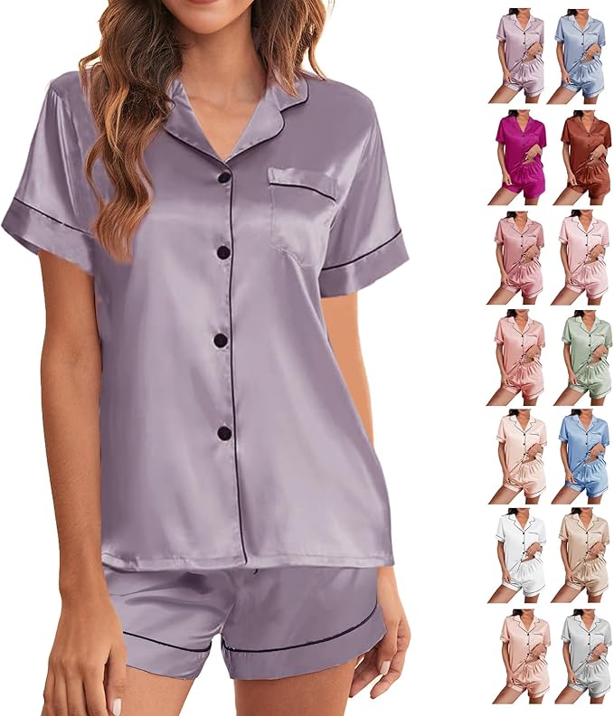 WJing Yi Jia Womens Silk Satin Pajamas Loungewear Two-Piece Sleepwear Button-Down Floral Pj Set XS-4XL