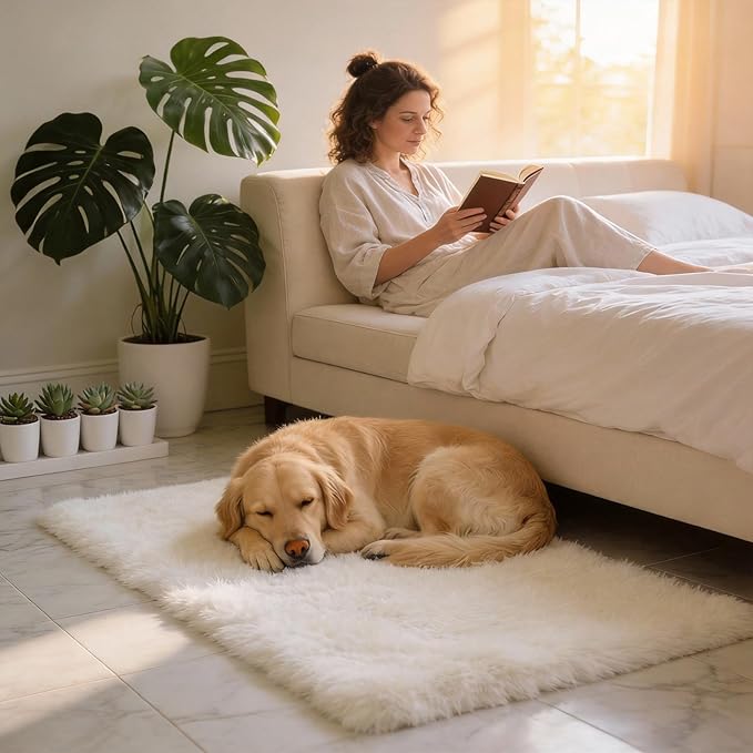 Shag Cream Rug Small 3x5 Area Rugs for Bedroom Bedside Dorm Living Room, Non-Slip Ultra Soft Fluffy Rugs for Kids Room, Girls Room, Study, Office, Playroom, Easy to Clean, Small Carpet Décor