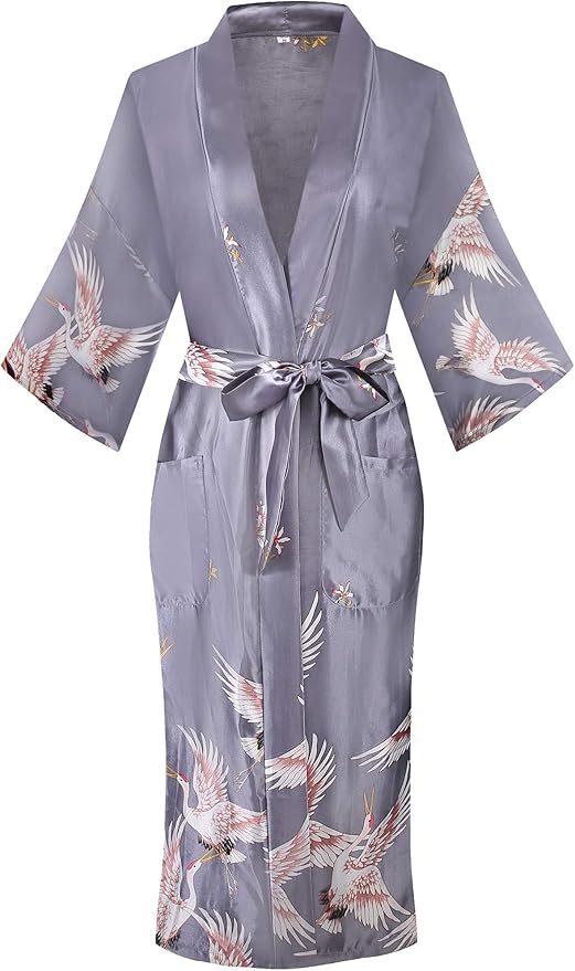 Valennia Women Long Silky Bathrobe Satin Kimono Robe Floral Printed Dressing Gown Sleepwear