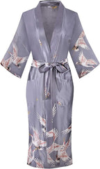 Valennia Women Long Silky Bathrobe Satin Kimono Robe Floral Printed Dressing Gown Sleepwear