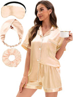 EPLAZA Silk Pajamas for Women Satin Pajamas Set 5 Pcs Long Sleeve Print Pattern Button Down Pjs Sleepwear Loungewear Set