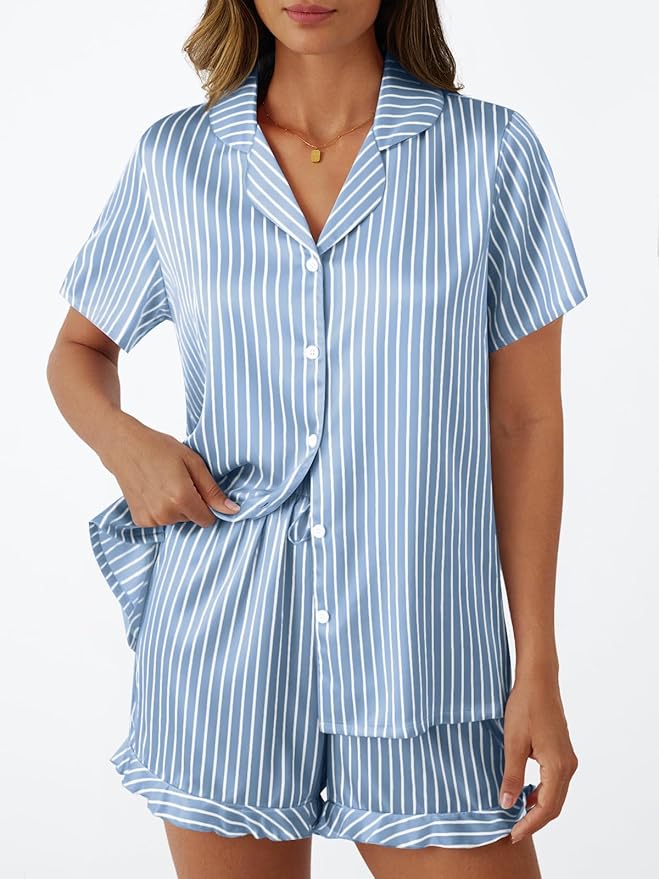 LILLUSORY Womens Satin Silk Pajamas Set 2 Piece Ruffle Pjs Winter Matching Lounge Sleepwear Button Down Striped Shirt Shorts