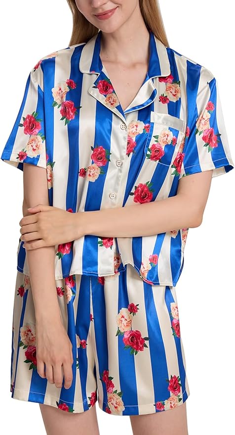 Womens Silk Pajama Sets Floral Print Short Sleeve Satin Pjs Comfy Button Down 2 Piece Sleepwear Loungewear