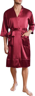 Ekouaer Mens Satin Robe Lightweight Silky Kimono Bathrobe 3/4 Sleeve Spa Knee Length Loungewear with Pockets S-3XL