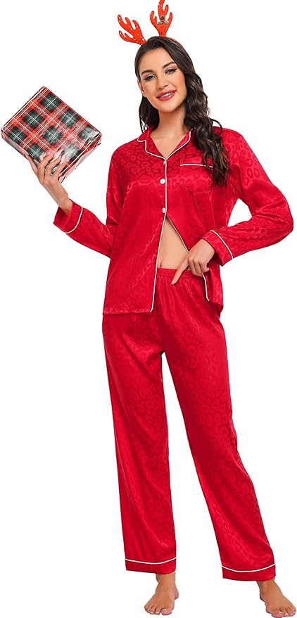 SWOMOG Womens Silk Satin Pajamas Set Long Sleeve Button Down Sleepwear 2 Piece Lounge Set Pj Set XS-3XL