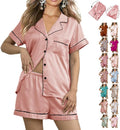 WJing Yi Jia Womens 3Pcs Floral Pajamas Sets Silk Satin Sleepwear XS~4XL Button Down Short Sleeve Shirt Pjs Loungewear