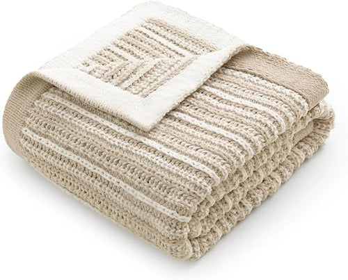 Amélie Home Striped Knit Throw Blanket for Couch, Dual-Sided Soft Chenille Decorative Blankets for Sofa & Chair, 50"x60", Khaki & White