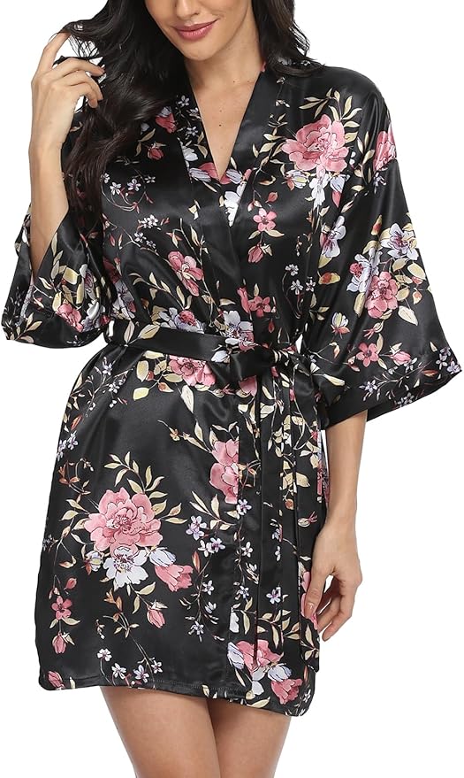 Women's Floral Satin Robes Bride Bridesmaid Getting Ready Robe Short Silky Kimono Sleepwear for Wedding Party