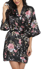 Women's Floral Satin Robes Bride Bridesmaid Getting Ready Robe Short Silky Kimono Sleepwear for Wedding Party