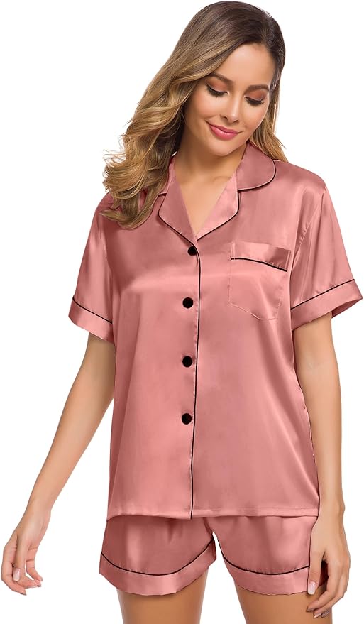 SWOMOG Womens Silk Satin Pajamas Set Short Sleeve Sleepwear Button Down Top and Shorts Loungewear 2 Piece Pjs Set XS-3XL