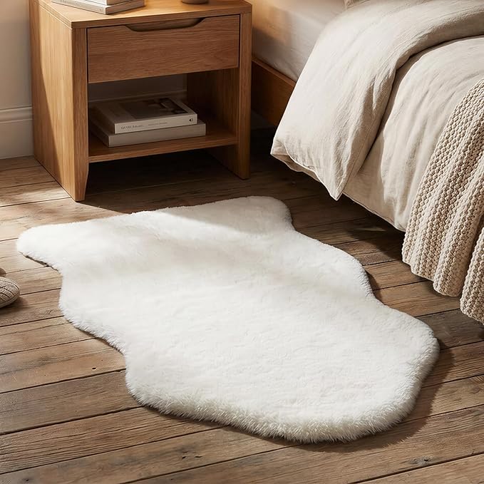 Faux Sheepskin Rug 2x3 Ft, 18mm Medium Pile Small Fluffy Area Rug, Machine Washable Mini Plush Carpet for Bedroom, Living Room, Kids Room, Bathroom & Vanity, White