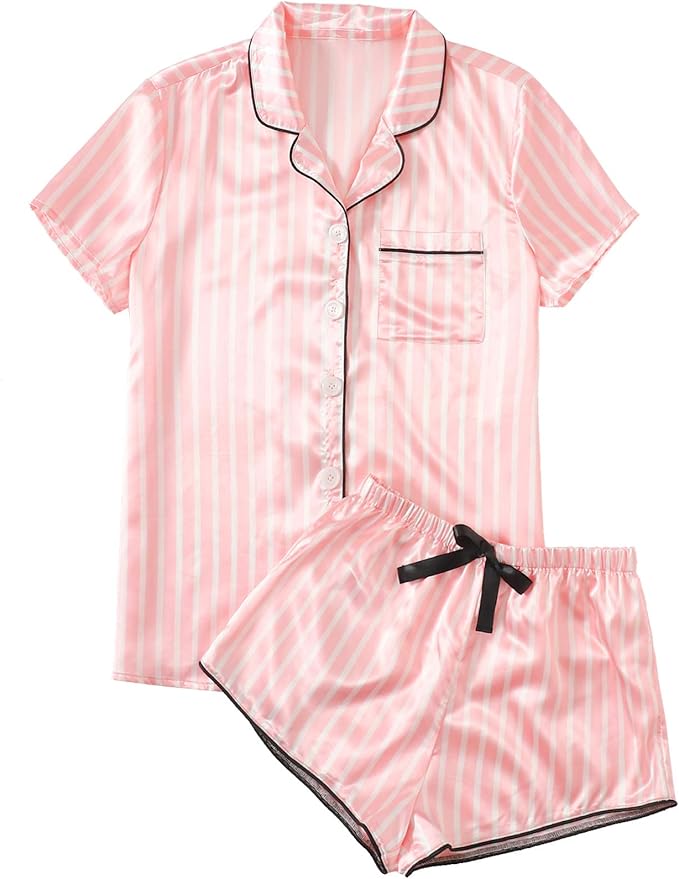 WDIRARA Women's Sleepwear Satin Short Sleeve Shirt and Shorts Pajama Set