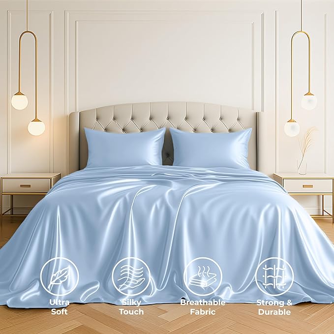 Pure Bedding Satin Sheets Twin Hotel Luxury Silky Bed Sheets - Extra Soft 1800 Microfiber Sheet Set, Wrinkle, Fade, Stain Resistant - Deep Pocket Fitted Flat Sheet, Pillow Cases (3-Piece, Baby Blue)