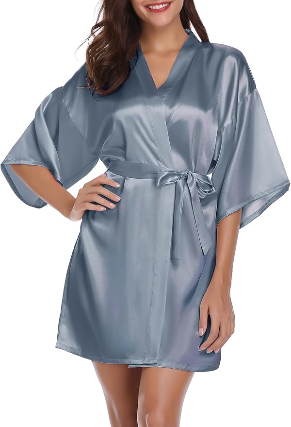 Vlazom Womens Kimono Robes Dressing Gown Satin Bathrobe Nightdress Short Style Bridal Robe